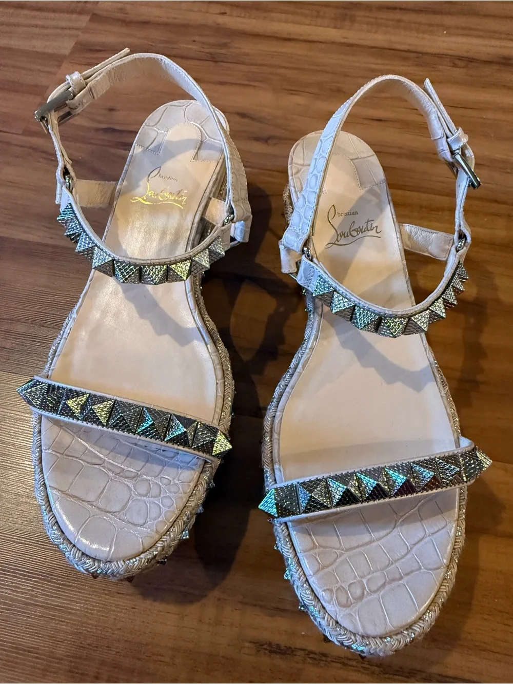 Christian Louboutin Beige Embellished Pyramid-Stud Platform Sandal size 40